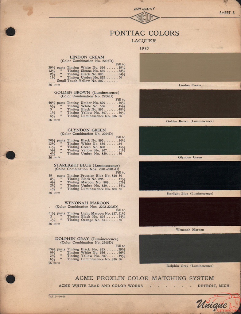 1937 Pontiac Paint Charts Acme 1